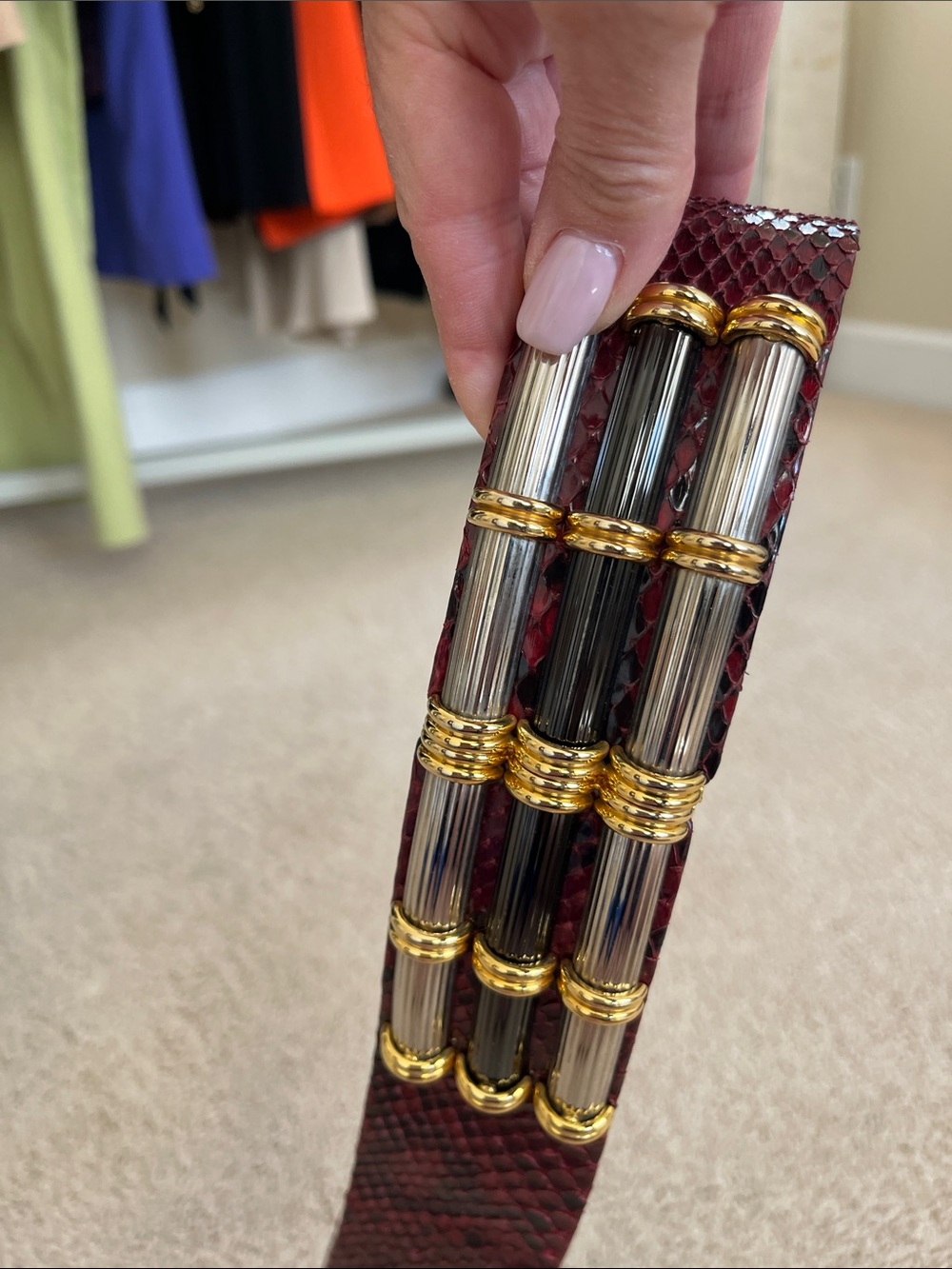 Burgundy Snake-Texture Accent Strap with Gold & Silver Hardware 35”